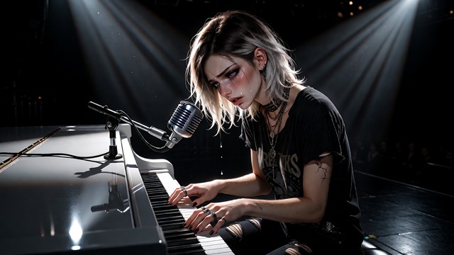 A highly detailed photorealistic portrait of a young grunge rock musician woman in her mid-20s sitting alone at a glo…