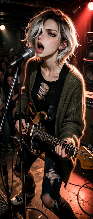 a raw authentic concert photography of her in a dynamic pose, mid-scream passionately into a vintage microphone on a …