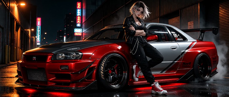 Hyperrealistic panorama night street photography of a sexy casual young woman leaning against her heavily tuned Nissa…