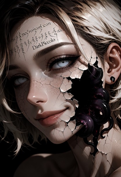 An extreme macro close-up photograph of a woman's face, capturing a deeply unsettling psychological contrast. She is …