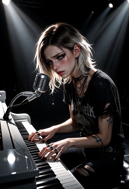 A highly detailed photorealistic portrait of a young grunge rock musician woman in her mid-20s sitting alone at a glo…