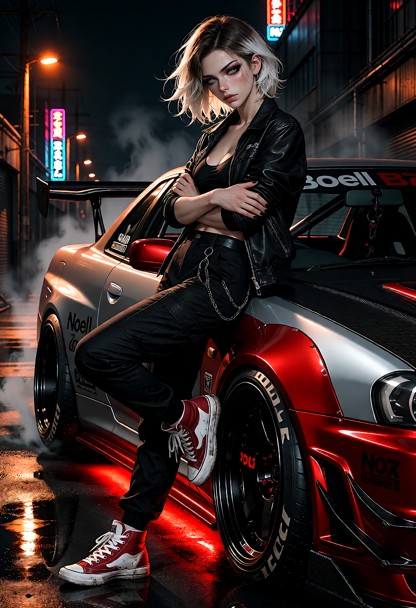 Hyperrealistic night street photography of a sexy casual young woman leaning against her heavily tuned Nissan Skyline…
