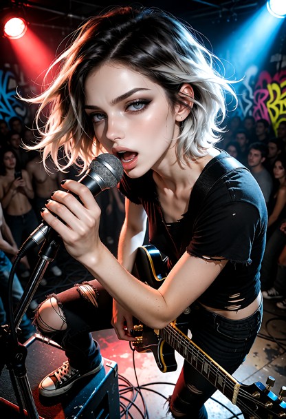 A highly detailed high-energy 2000s skate-punk music video style image of Noelle performing live. Noelle is a young w…