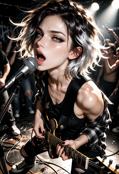A highly detailed high-energy 2000s skate-punk music video style image of Noelle mid-song. Noelle is a young woman wi…