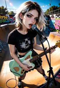 A high-energy 2000s skate punk music video scene. High-energy live performance of a blonde punk girl playing a mint g…
