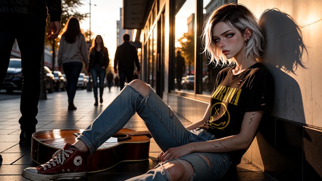A realistic and ultra-detailed photograph of a woman sitting on the ground in a pedestrian zone, leaning against a wa…