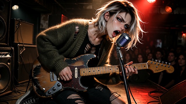 a raw authentic concert photography of her in a dynamic pose, mid-scream passionately into a vintage microphone on a …