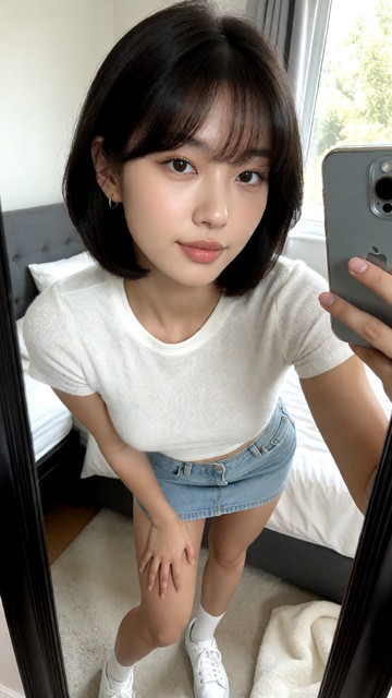 Same young adult Korean woman as the reference image. Preserve her exact identity and overall look: same Korean face,…