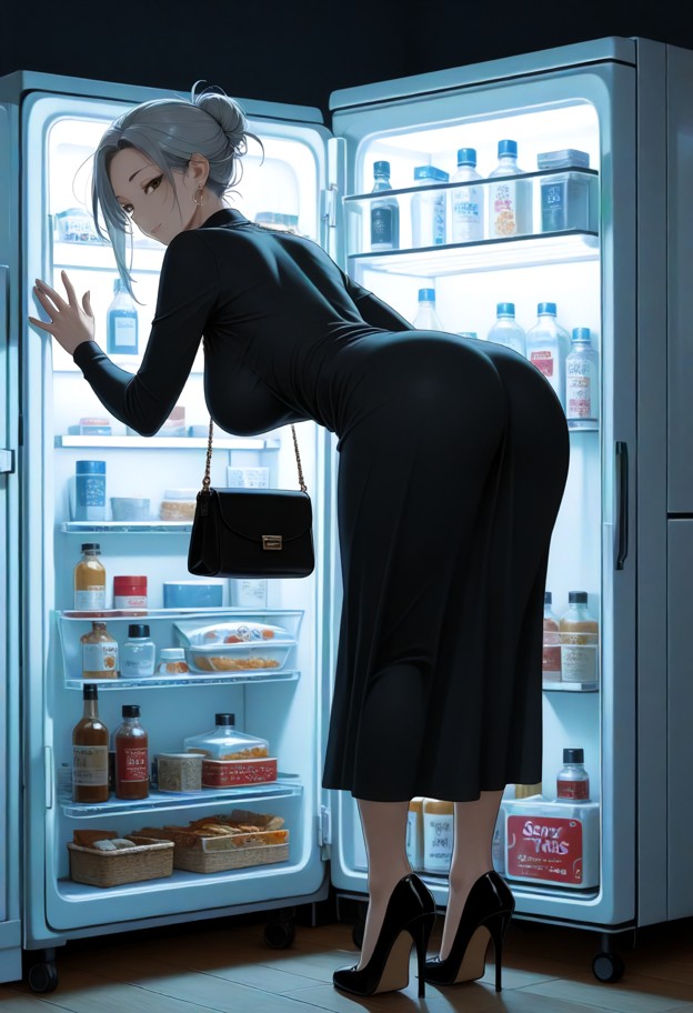 hinata stands leaning her hip against the wall next to the refrigerator,leaning forward slightly,bold inviting expres…