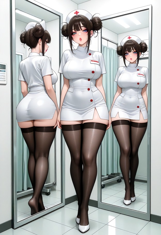standing in front of the mirror with legs wide open,short white nurse skirt,tight white nurse top,black stockings,hos…