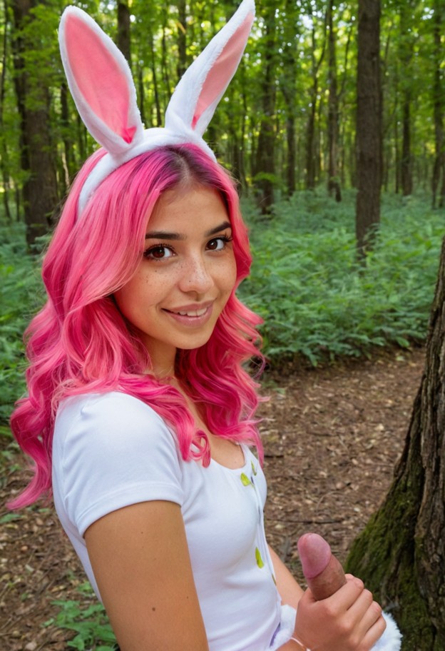 1girl,1guy,penis,handjob,bunny_outfit,bunny_girl,bunny_ears,bunny_costume,forest,woods,dense_trees,happy,smiling,chee…