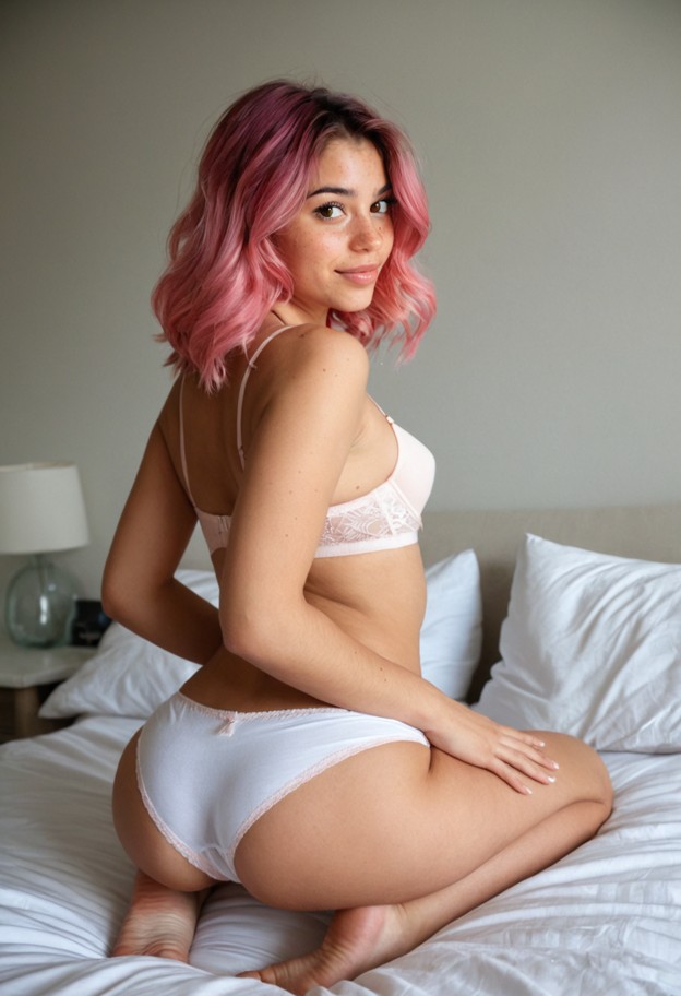 solo,crouching,twerking,looking at viewer,view from behind,,underwear,matching_underwear,bra_and_panties,simple_under…