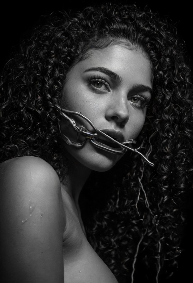 perfect anatomy. high contrast monochrome:1.7. an unnervingly intimate close-up of a woman's face,rendered in stark h…
