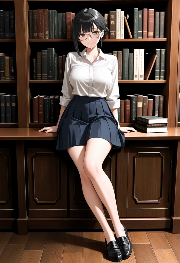 mizuki shibata sits at the wooden table looking at viewer with a happy face,white cotton blouse,navy blue pleated ski…