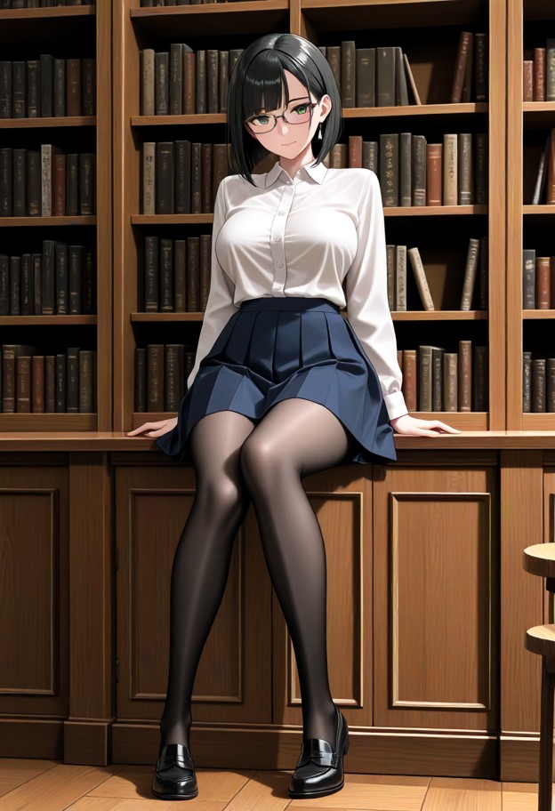 mizuki shibata sits at the wooden table looking at viewer,white cotton blouse,navy blue pleated skirt,black leather l…