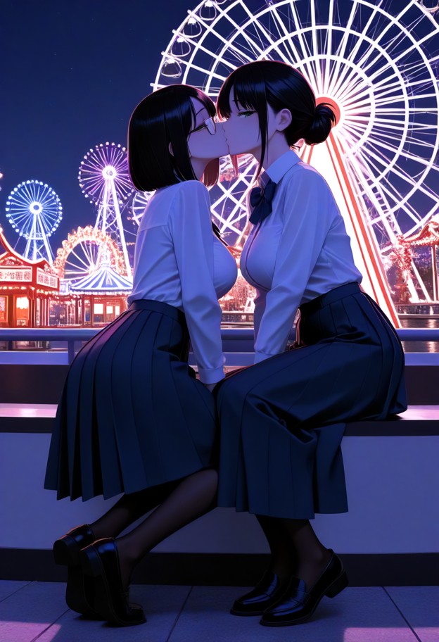mizuki shibata leaning head on viewer chest and kissing forehead,white cotton blouse,navy blue pleated skirt,black le…