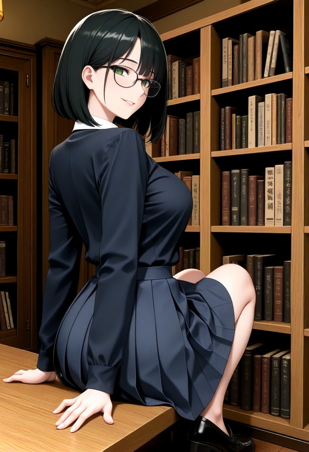 mizuki shibata sits at the wooden table looking at viewer with happy face,white cotton blouse,navy blue pleated skirt…