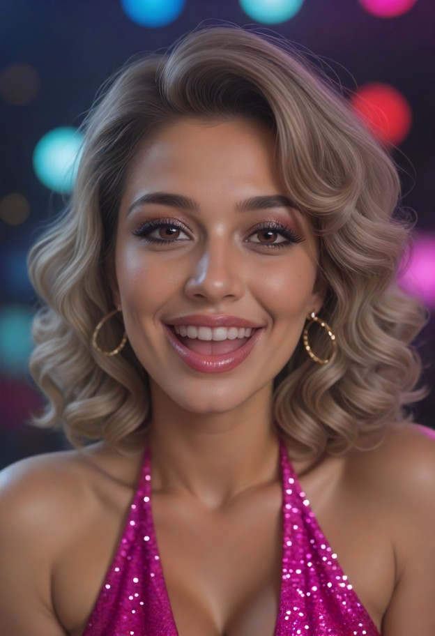party outfit,glitter dress,heels,accessories,sparkly makeup,glossy lips,laughing,joyful,open smile,happy mood,disco,d…