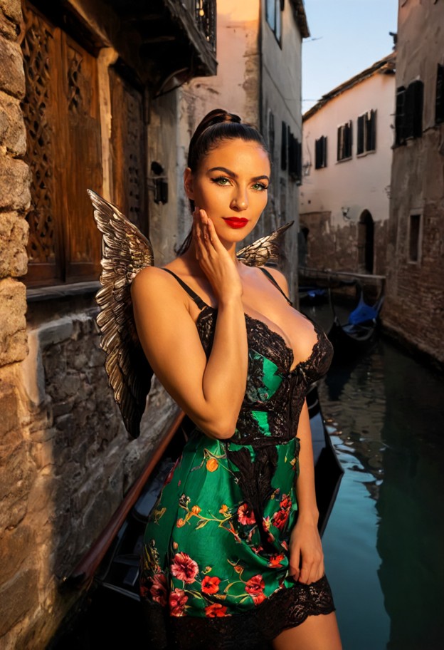 she is,standing,touching cheek,looking at viewer,colorful floral sundress,silk scarf,secluded courtyard,stone walls,s…