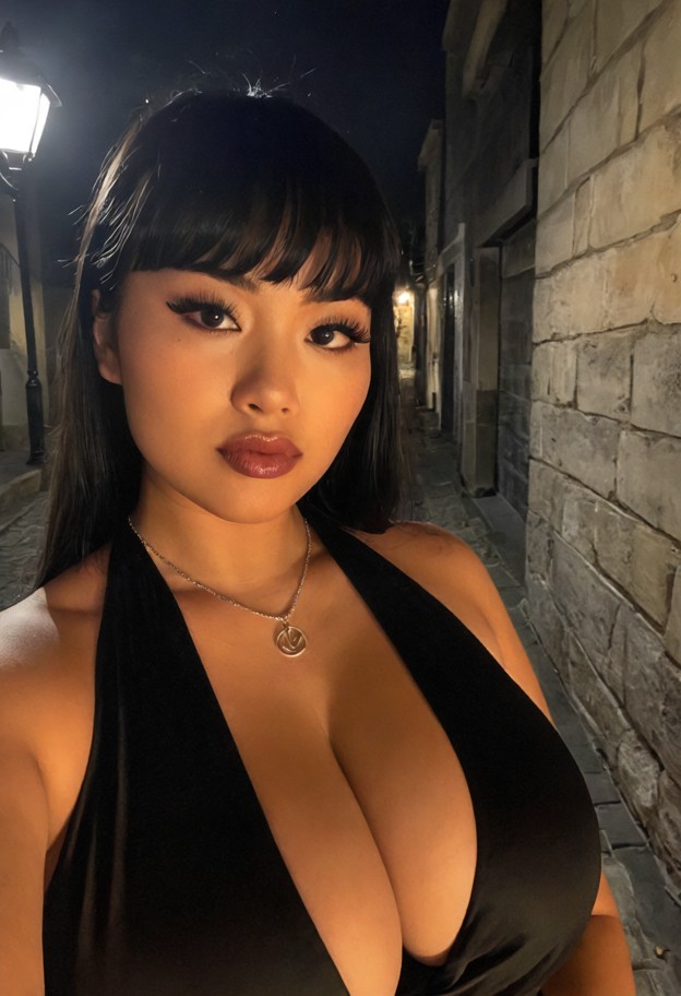 she is is standing in a dark alleyway,black silk dress,silver necklace,dark alleyway,stone walls,dim street lamp,mist…