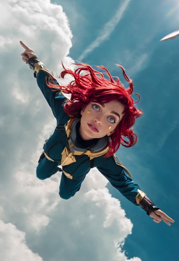 horizontal camera angle,sharp focus on a woman falling vertically headfirst through the sky:1.4,body oriented upside-…