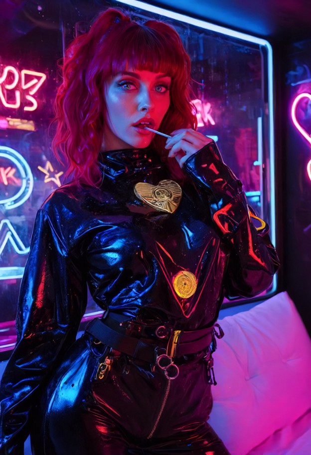 full-length portrait of a stunning woman with an intense,provocative gaze,posing with a neon lollipop in her mouth. s…