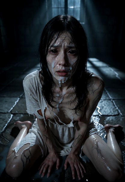 Sadako Yamamura is kneeling on the stone floor in a first-person POV. Video of a woman getting cumshot on her face, p…