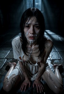 Sadako Yamamura is kneeling on the stone floor in a first-person POV. Video of a woman getting cumshot on her face, p…