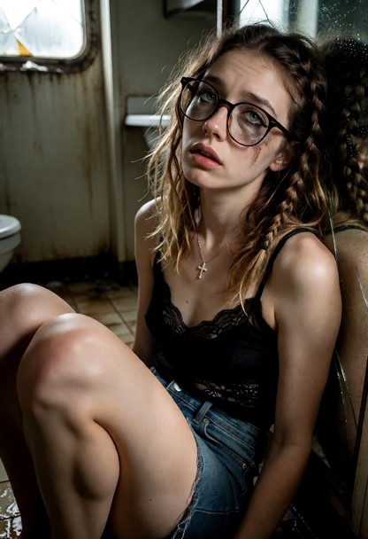 Location: a dim, grimy bathroom inside the cabin, where weak light filters through a cracked window and reflects off …