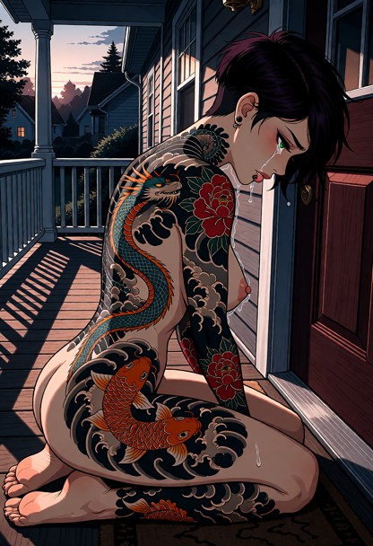 Location: the front porch of a suburban house in the fading afternoon light, where long, dark shadows stretch across …