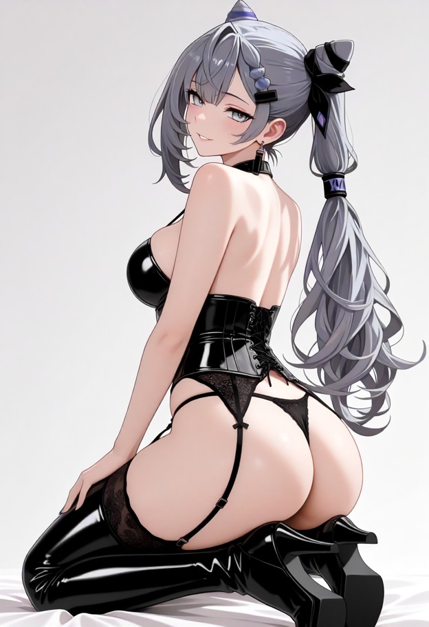she is wearing a leather corset with a thong a garter belt with stockings and thigh high lether boots with stilleto h…