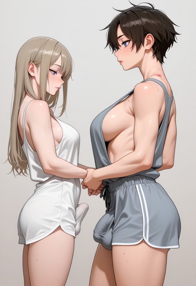 futa,frontal view,oversized grey basketball shorts,loose-fitting white singlet,girl is arching her back,hands grippin…