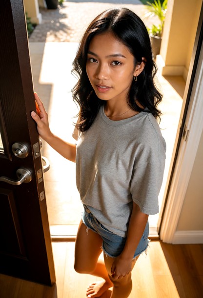 Location: bright afternoon in a sunlit entryway where warm, intense light pours through the open door, casting long s…