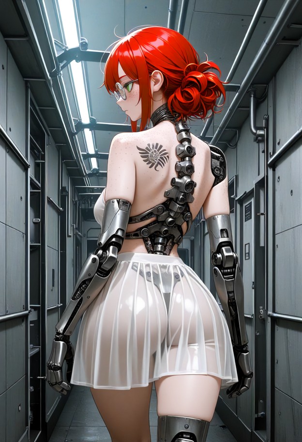 a high-fashion editorial photograph of a female model from behind,showcasing a modern artistic pose. she is wearing a…