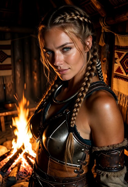 Location: inside a dim longhouse illuminated by the flickering orange glow of a central hearth, casting long shadows …
