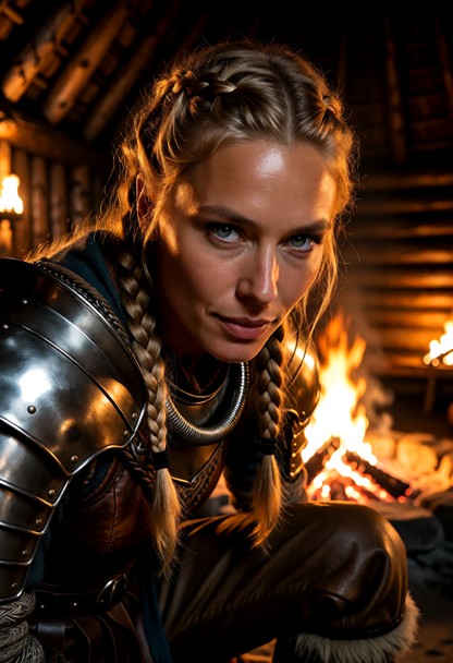 Location: dimly lit longhouse interior at night, where the orange glow of a crackling central hearth casts flickering…