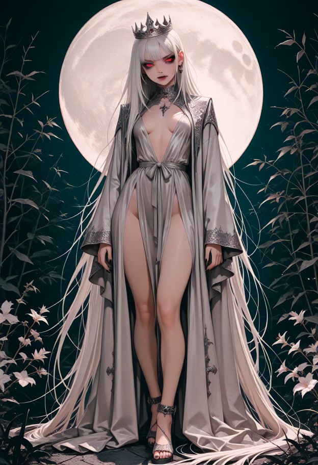 (full body shot:1.6),(vampire woman:1.5),(long flowing white hair:1.4),smile with fangs,wearing sheer white and silve…