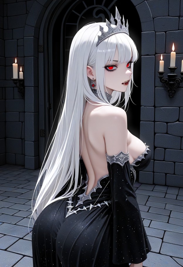 she is is tracing a silver rod down the viewer's chest,long black silk gown,dark castle dungeon,stone walls,flickerin…
