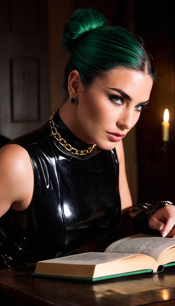 a close-up,intimate shot of a female sex room designer,a mature woman with silver-streaked black hair in a severe bun…