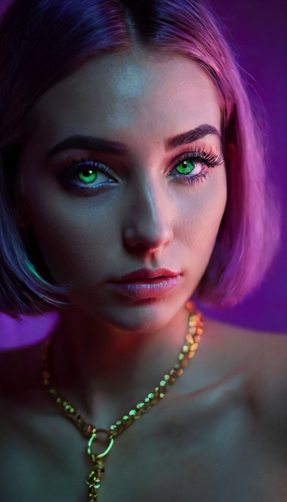 a close-up,atmospheric shot of a young woman's face,bathed in a rich,vibrant purple light. her eyes are closed,and he…