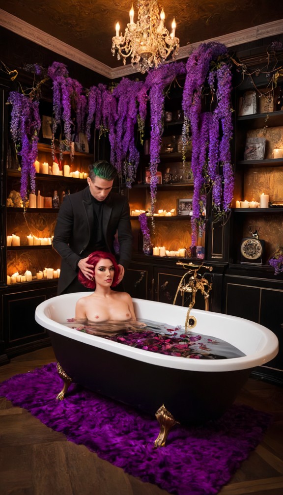 a dimly lit,opulent room with a large,dark bathtub as the centerpiece. two people are in the bathtub,one with dark ha…