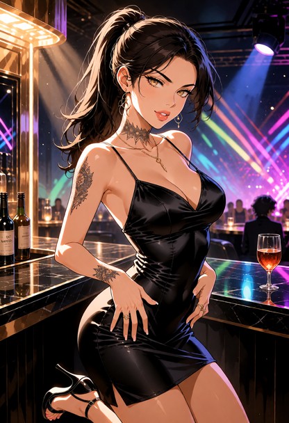 Location: night inside a trendy, dimly lit nightclub with glowing neon accents, polished dark surfaces, and a hazy at…