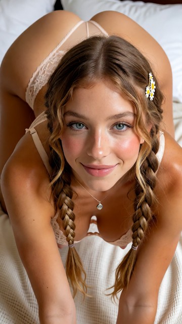 She is on her hands and knees, hips raised and back arched, The camera looks down on the subject from a high angle, s…