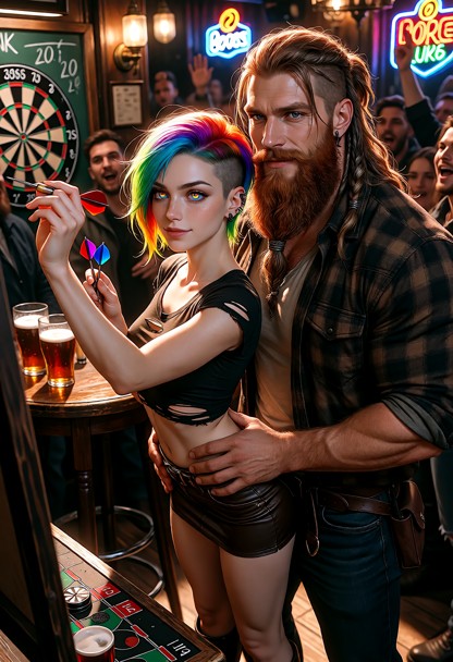 A cinematic ultra-detailed romantic picture of Shortie and Jim playing darts at a local pub. Shortie is a striking wo…