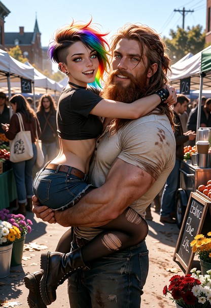 A cinematic ultra-detailed picture of Shortie and Jim walking through a crowded campus farmer’s market. Shortie is a …