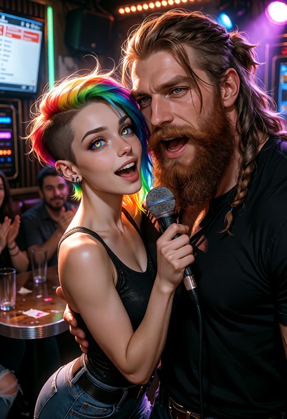 A cinematic ultra-detailed romantic picture of Shortie and Jim singing a karaoke duet. Shortie is a striking woman in…