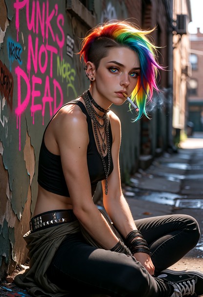 An image of a punk woman sitting on the ground against a graffiti wall in a narrow city alley, body in profile, head …