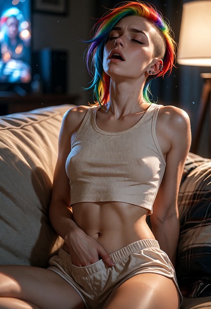 An extreme photorealistic fine art portrait, raw photography style. Location: cozy living room at night, illuminated …