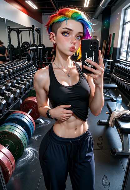 A highly detailed photorealistic and cinematic full-body raw photo of Shortie taking a selfie in a gym weight zone. S…