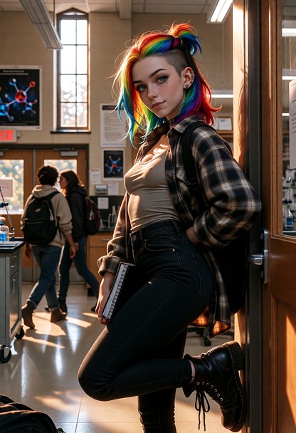 A cinematic ultra-detailed picture of the same petite punk biochemistry student. Her hair is in a messy half-up twist…